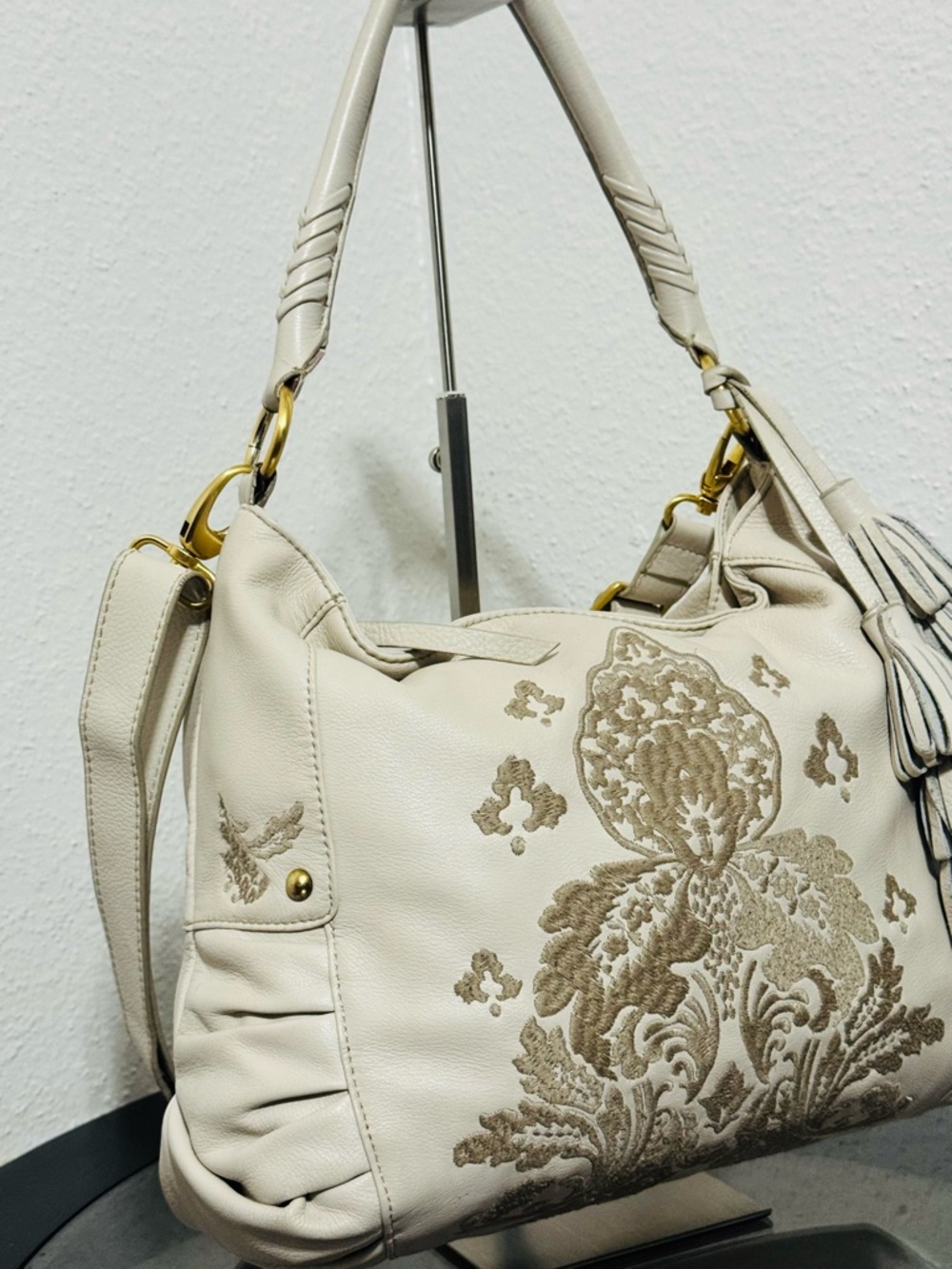Isabella Fiore Cream Shoulder Bag with Gold Embroidered Motif - Picture 8 of 16